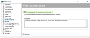Einstellungsdialog Versteuerungsart Kleinunternehmerregelung